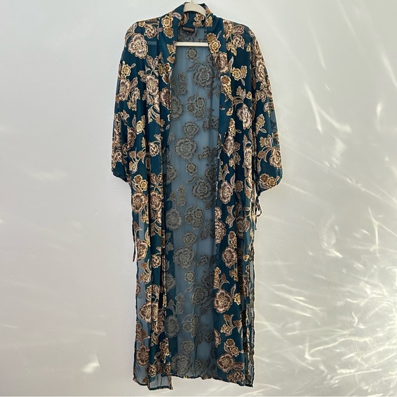 Shyanne Tops - Shyanne Teal Floral Duster Kimono One Size Travel Boho Festival Beach Coverup